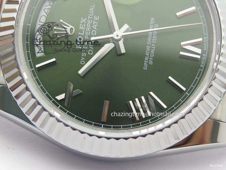 MiroTime 0508 Stretchable DayDate 40mm BP-Maker 228206 SS Green Roman Dial (Fluted Bezel) On SS Bracelet ETA 3904